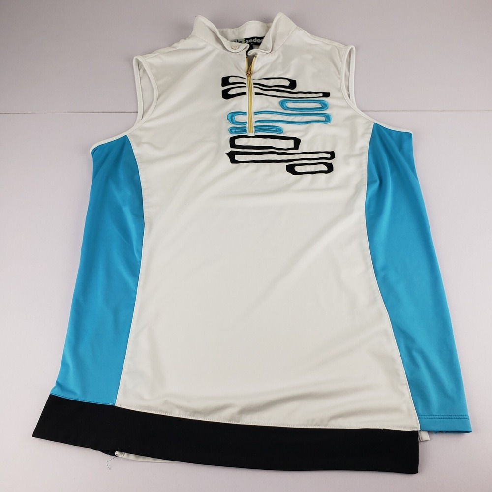 Jamie Sadock Golf Top Blouse Women's Medium Teal Black Sleeveless Quarter Zip